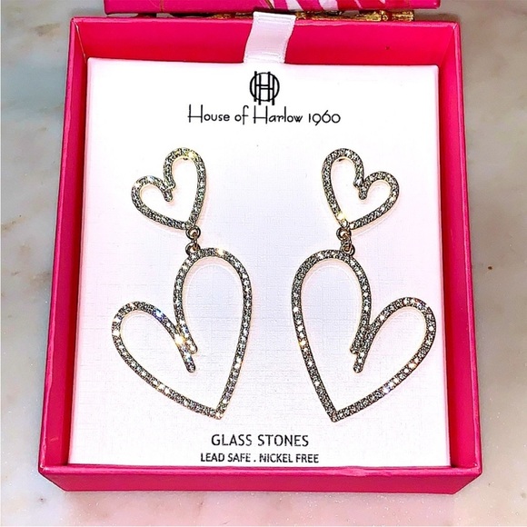 House of Harlow 1960 Gold Glass Stone Heart Earrings new in box - Picture 5 of 5